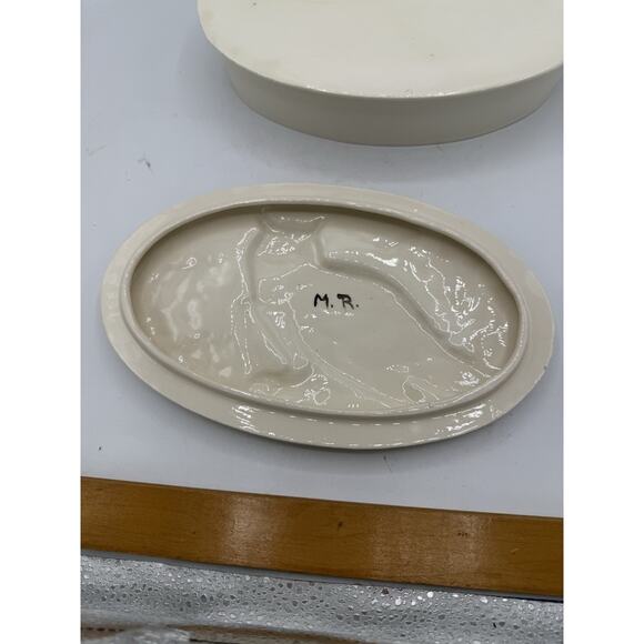 Vintage Embossed Owl Ceramic Trinket Box M.R. Signed Oval Nature Scene 8x5” - Picture 8 of 12
